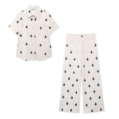 Embroidered shirt color blocked embroidered wide leg pants