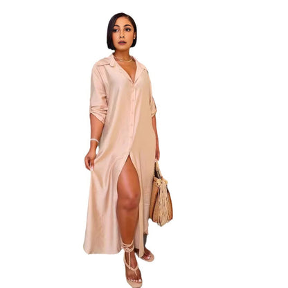 Fashionable slit colored loose casual shirt skirt