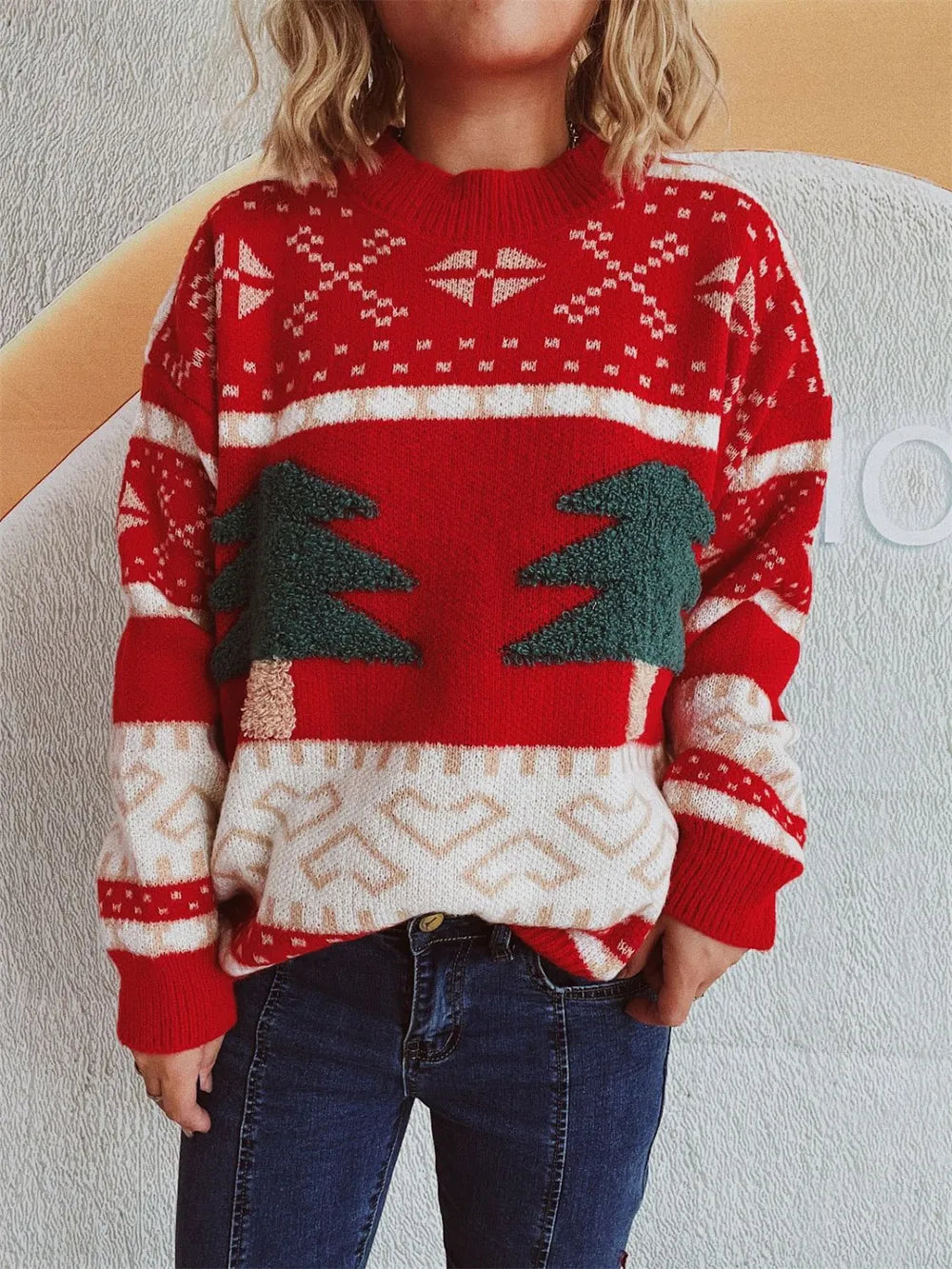 Knitted Christmas Tree Cartoon Jacquard Holiday New Year Sweater