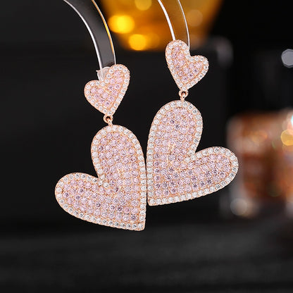 Exaggerated, atmospheric, light luxury, high-end earrings full zircon heart print layered heart-shaped earrings