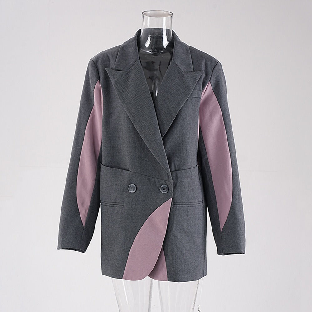 Irregular contrasting color splicing design feminine style suit loose and casual silhouette suit jacket