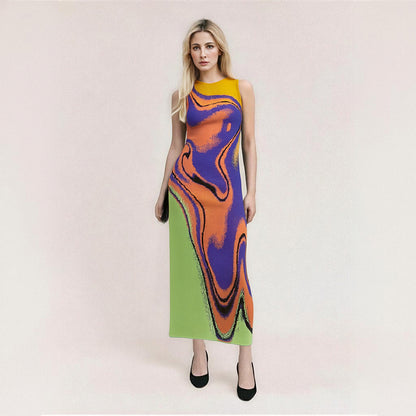 Multi color abstract jacquard knitted dress with design sense, slim fit, hip hugging, round neck, sleeveless vest skirt