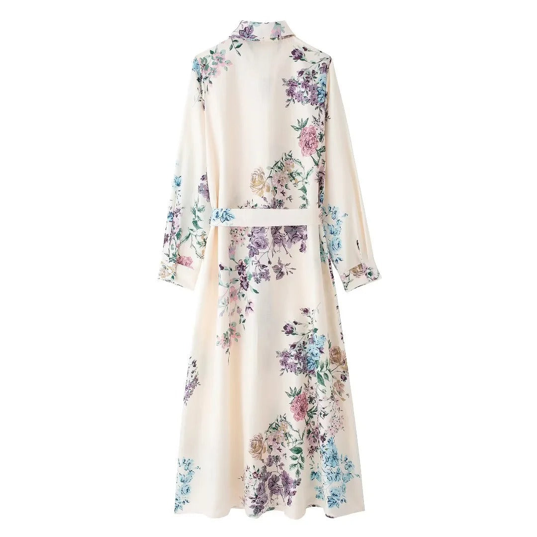 Linen shirt style tie printed dress