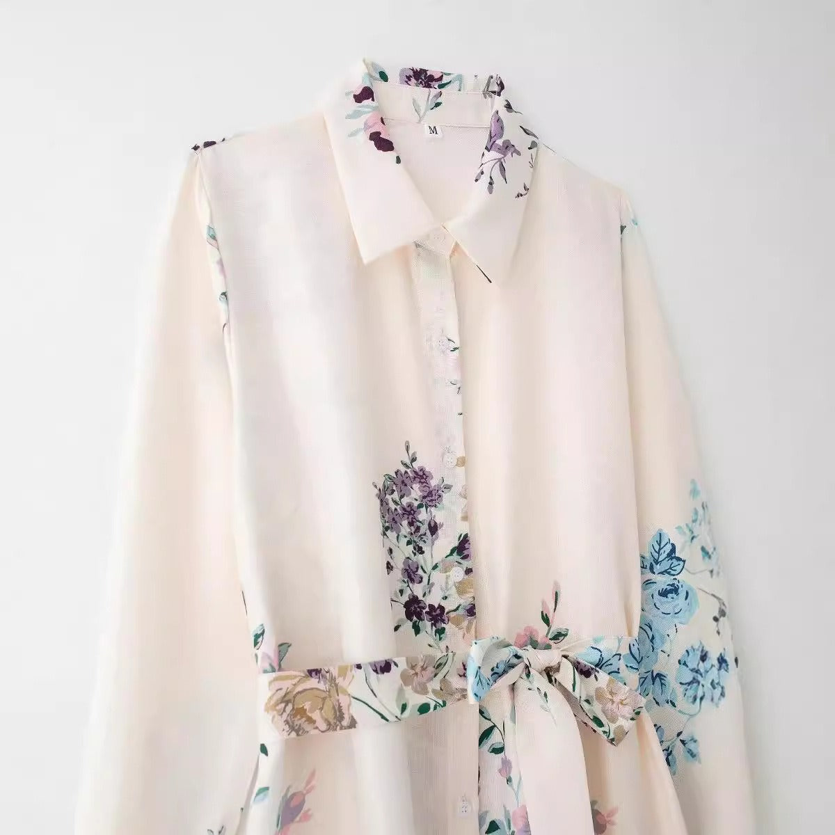 Linen shirt style tie printed dress