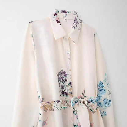 Linen shirt style tie printed dress