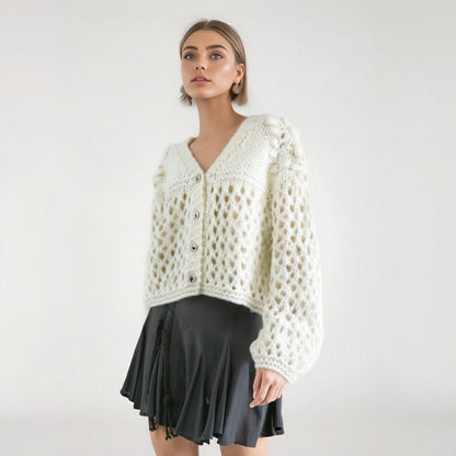 Women's V-neck long sleeved hollowed out loose mohair knitted cardigan jacket
