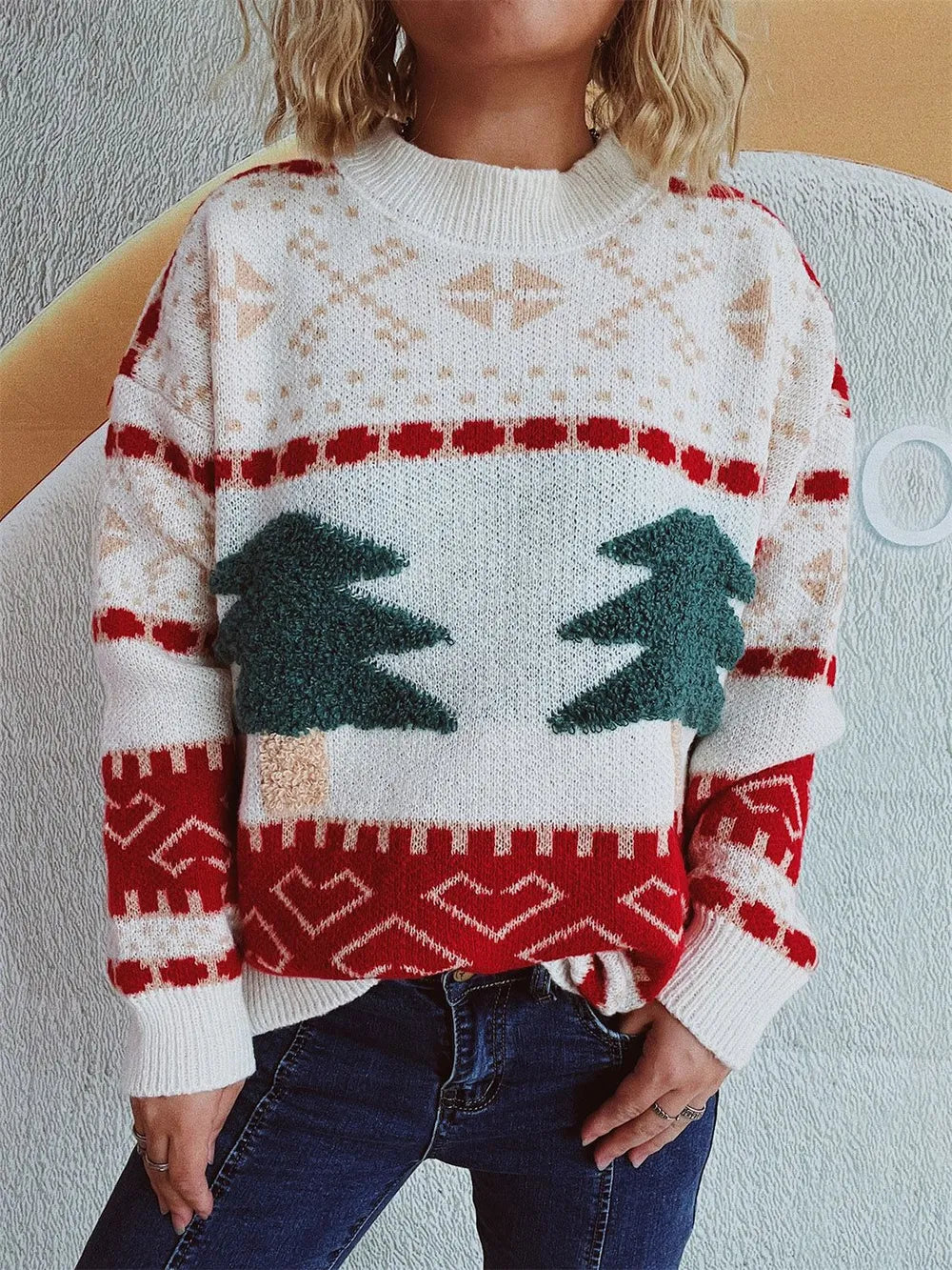 Knitted Christmas Tree Cartoon Jacquard Holiday New Year Sweater