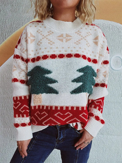 Knitted Christmas Tree Cartoon Jacquard Holiday New Year Sweater