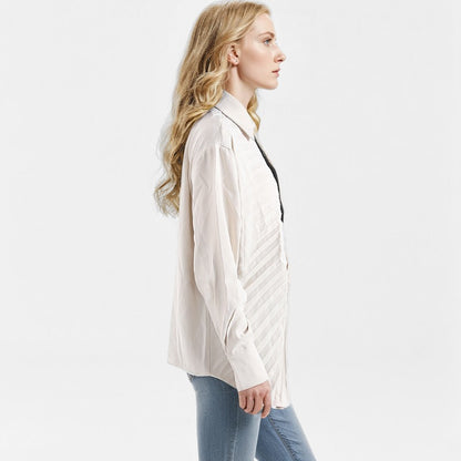 Color blocked pleated irregular long sleeved shirt for women's casual personality single breasted silhouette milky white shirt