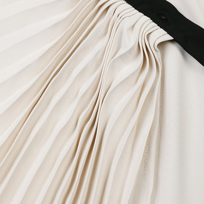 Color blocked pleated irregular long sleeved shirt for women's casual personality single breasted silhouette milky white shirt
