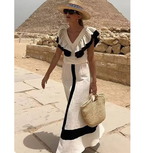 Women's fashion casual contrasting color V-neck ruffle top half skirt set