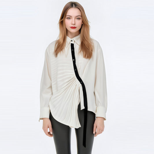 Color blocked pleated irregular long sleeved shirt for women's casual personality single breasted silhouette milky white shirt