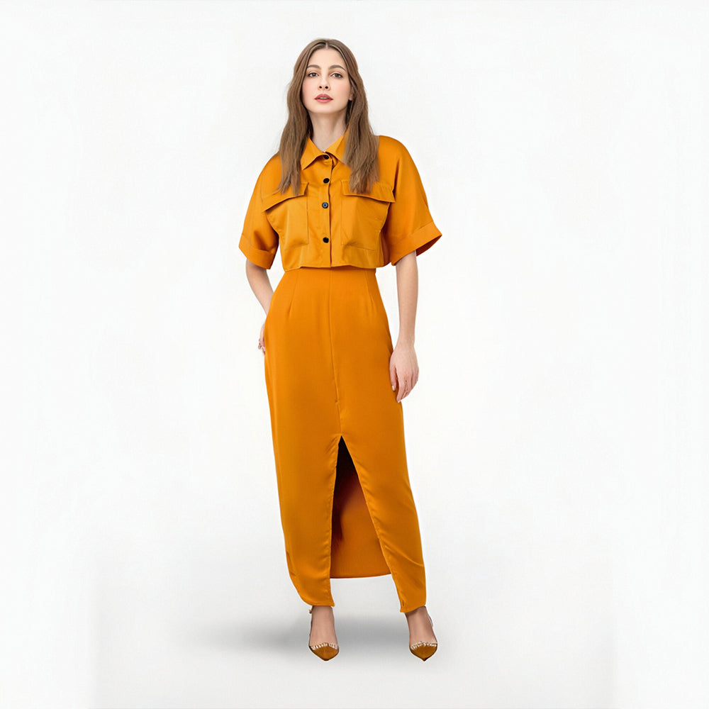 Summer New Collar Short Shirt Top Split Hip Wrapping Skirt Set