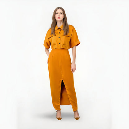 Summer New Collar Short Shirt Top Split Hip Wrapping Skirt Set