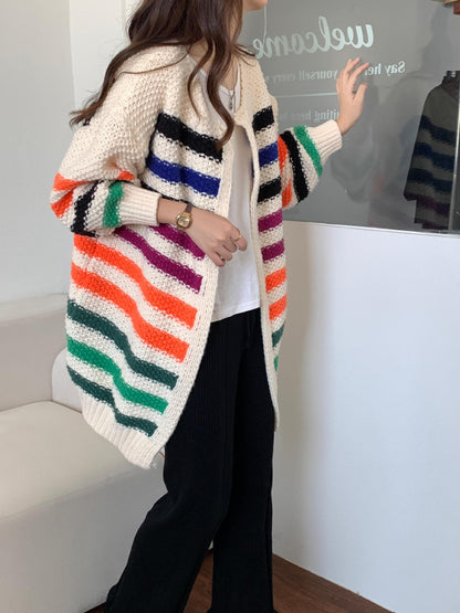 Lazy style contrasting color knitted cardigan sweater jacket imitation handmade hook knitted cardigan