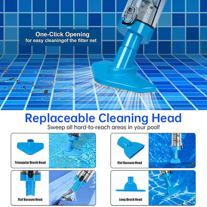 Rechargeable hand pool vacuum for spas/hot tubs/small pools, with auto immersion detector & bristle nozzle.