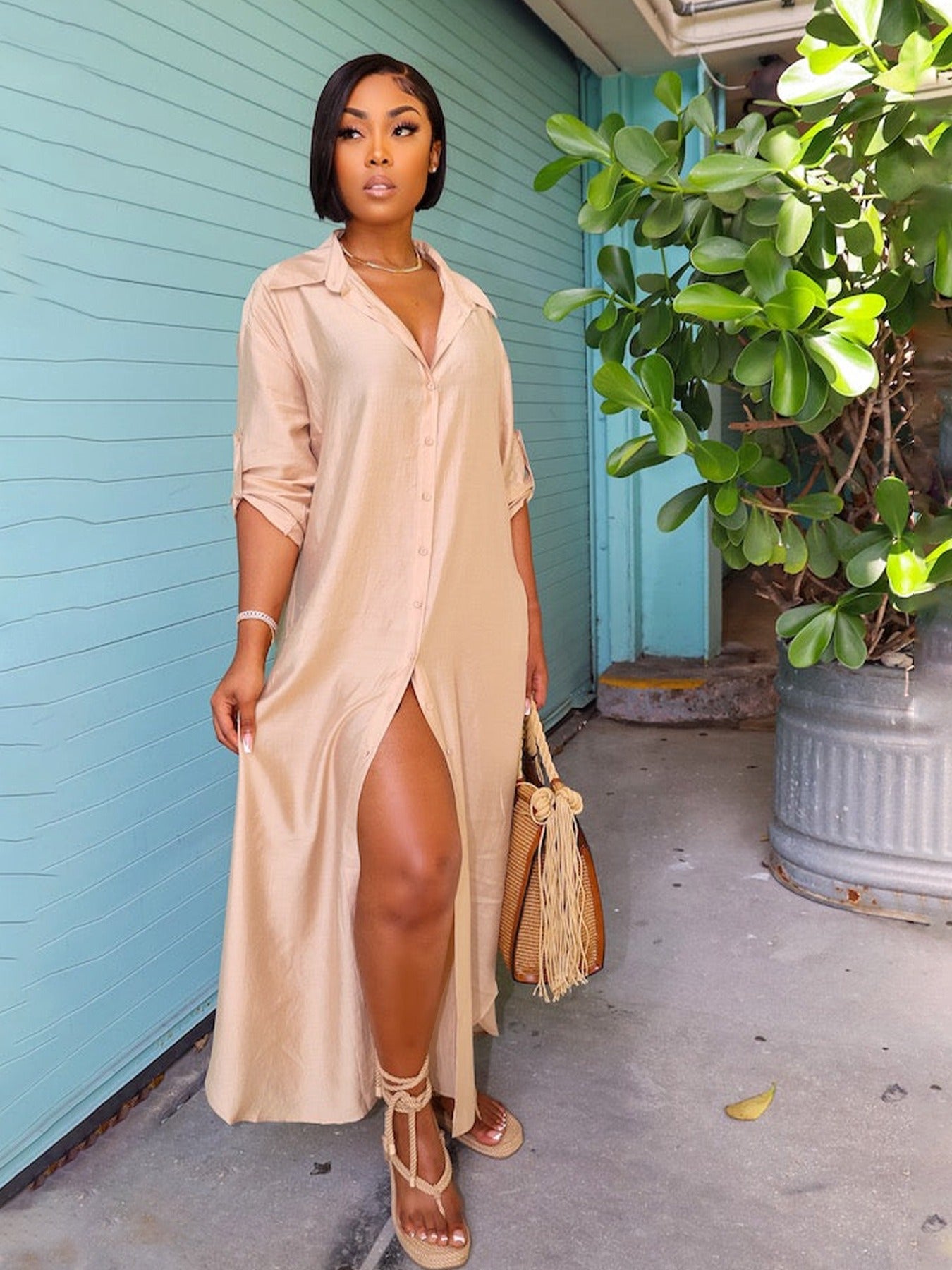 Fashionable slit colored loose casual shirt skirt