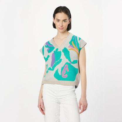 V-neck women's threaded jacquard sweater with fashionable temperament knitted vest