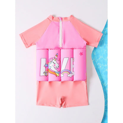 Children's buoyancy swimsuit for girls, babies, toddlers, princesses, short sleeved cartoon one-piece swimsuit for girls