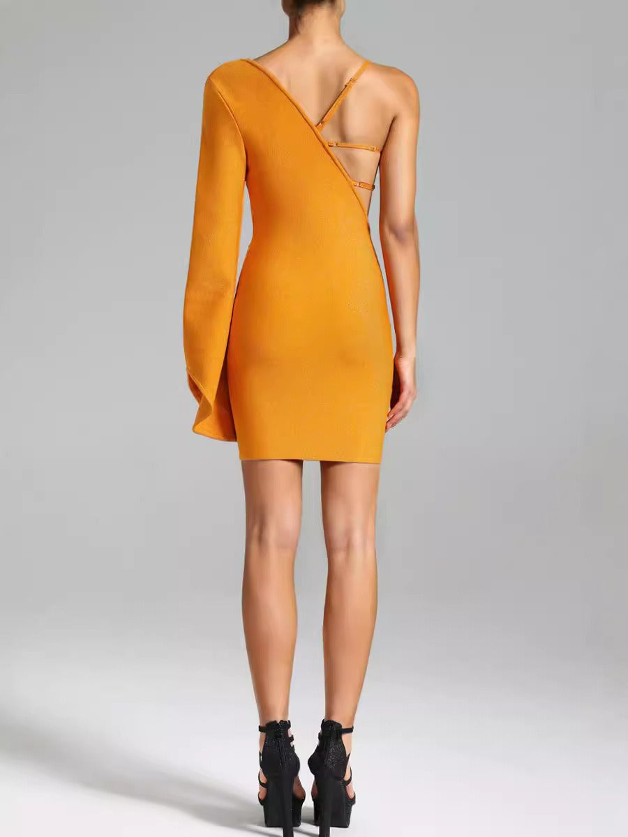 Orange flower sequin decoration chest wrapped sexy one shoulder flared long sleeved spicy bandage dress for women