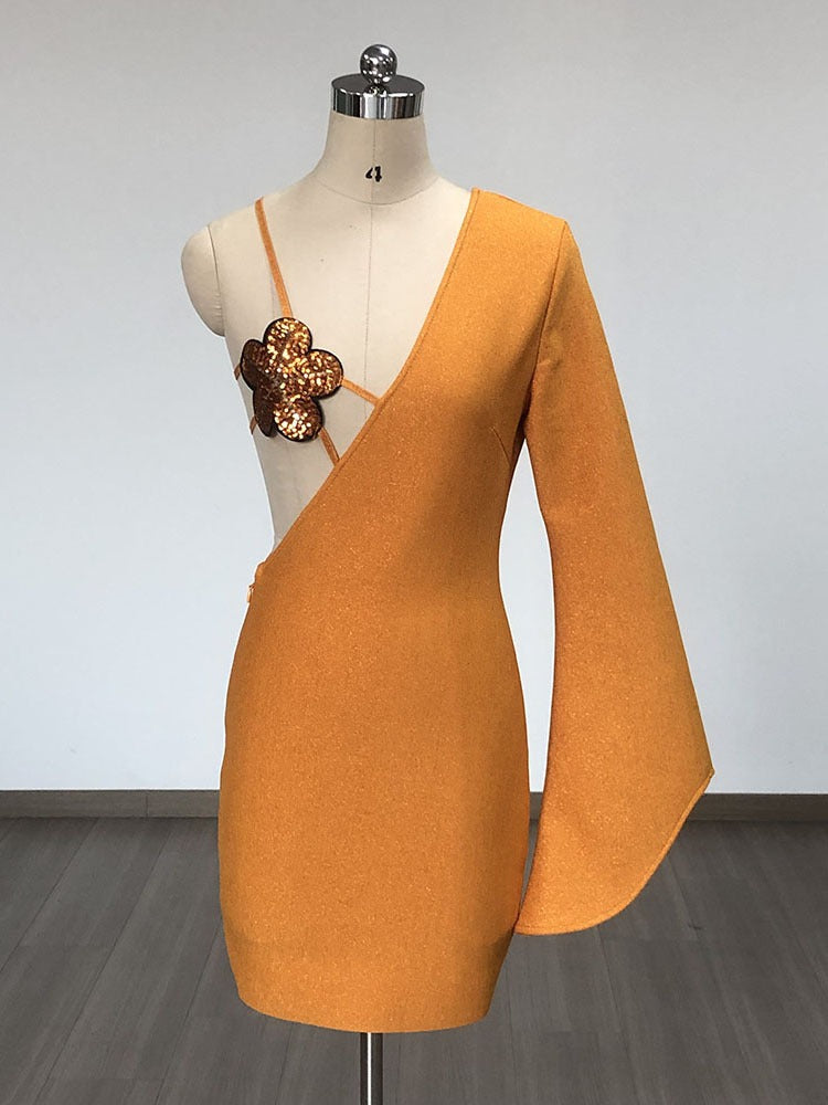 Orange flower sequin decoration chest wrapped sexy one shoulder flared long sleeved spicy bandage dress for women