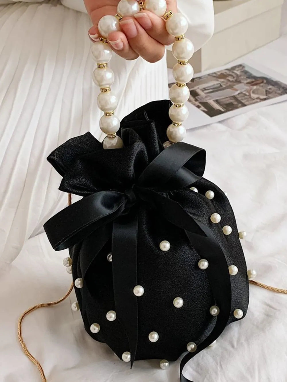 Pearl Detail Solid Color Bucket Bag