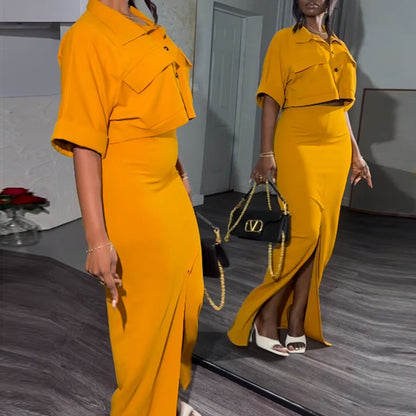 Summer New Collar Short Shirt Top Split Hip Wrapping Skirt Set