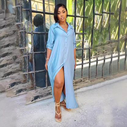 Fashionable slit colored loose casual shirt skirt