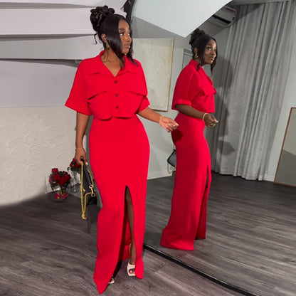 Summer New Collar Short Shirt Top Split Hip Wrapping Skirt Set