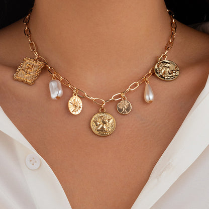 Fashionable Sun Set Zircon Necklace Women's Geometric Alloy Heart Shaped Tassel Collar Chain