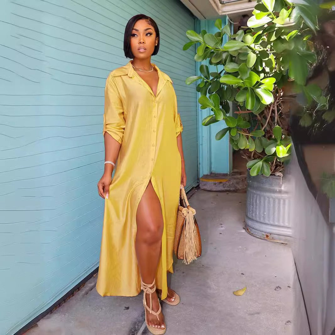 Fashionable slit colored loose casual shirt skirt