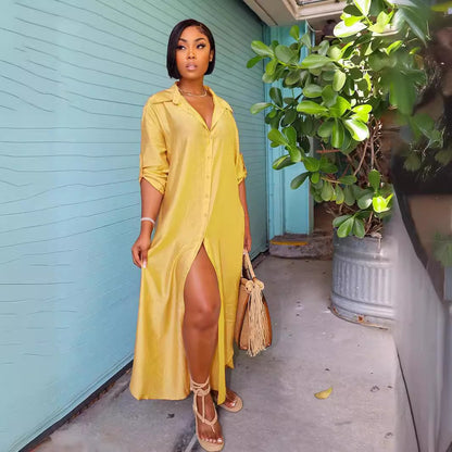 Fashionable slit colored loose casual shirt skirt