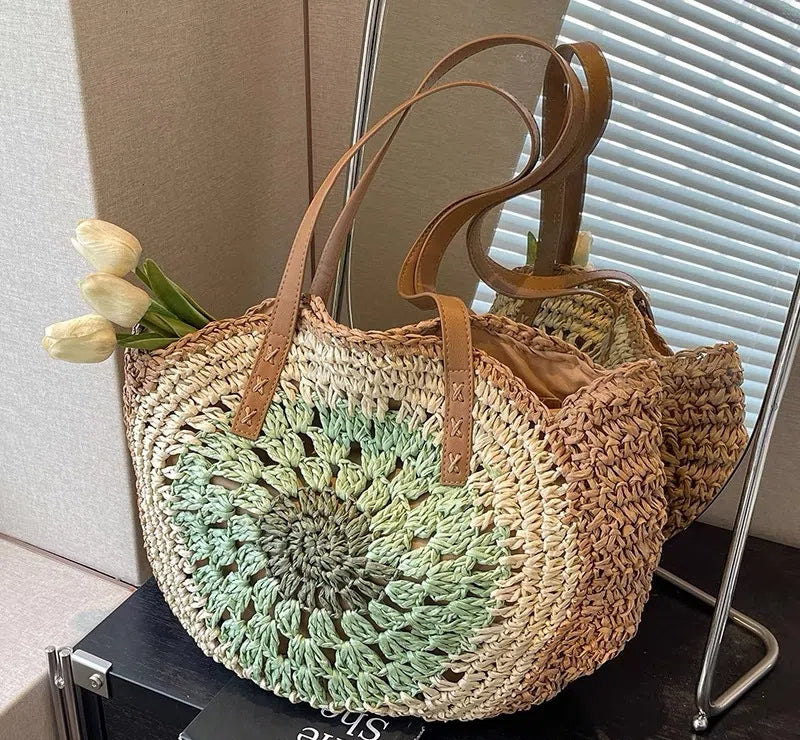 Paper rope hollow out colorful round plate grass woven bag casual beach bag one shoulder fashionable woven bag