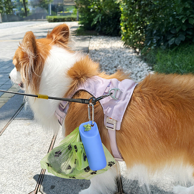 Silicone dog poop bag holder with dispenser, portable, hanging ring & storage case