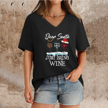 Women's Top V-neck Short Sleeve Pure Color Ladies' Christmas V-neck T-shirt