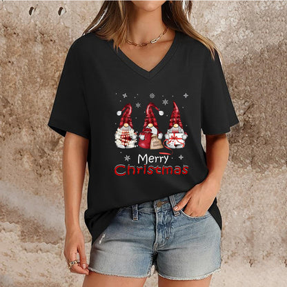 Women's Top V-neck Short Sleeve Pure Color Ladies' Christmas V-neck T-shirt