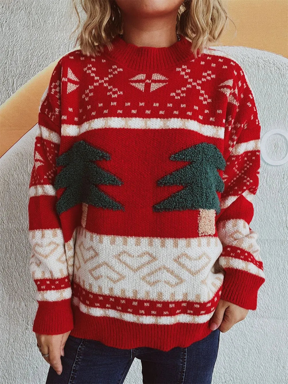 Knitted Christmas Tree Cartoon Jacquard Holiday New Year Sweater