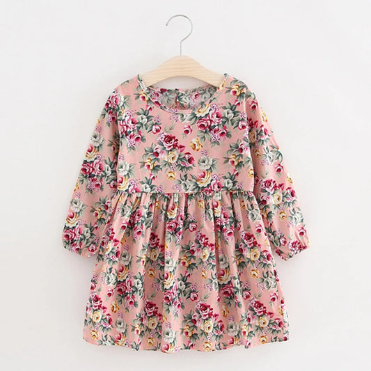 New Kids Long Sleeve Dresses Girls Flower Printed Princess Dress Summer Children Clothing 2 3 4 5 6 7 Years Girl Elegant Outfits